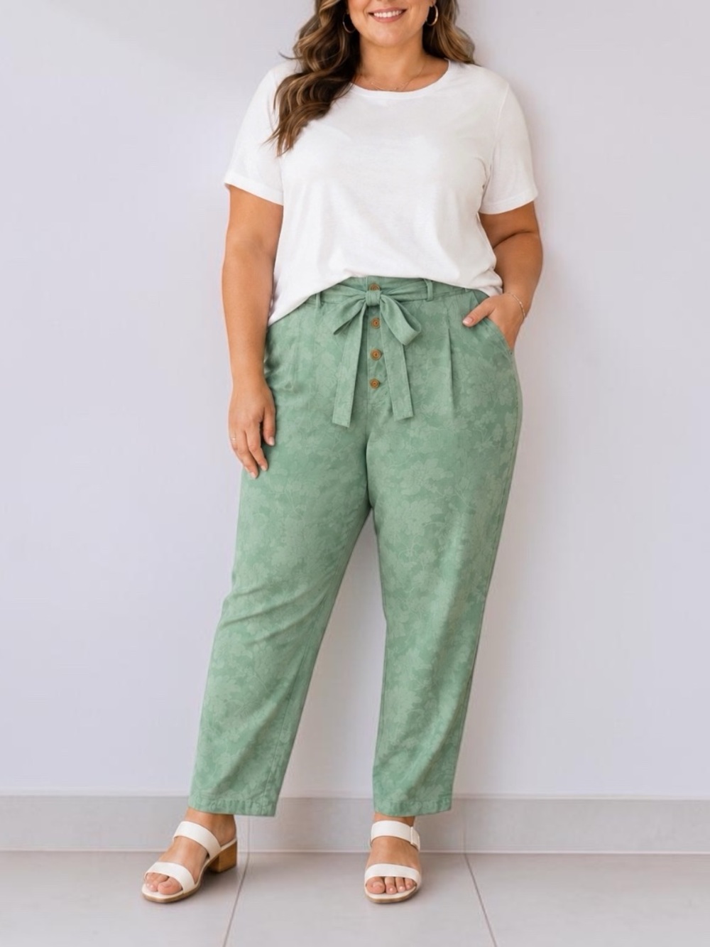 Sundance Bastille Easy Pants Green Floral Button Fly Tapered Size 14P (34 X 28)